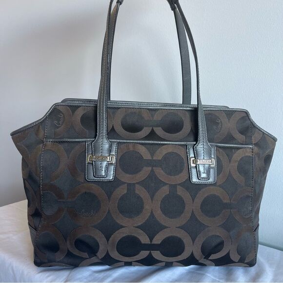 COACH Grey Brown Flint Op Art Shoulder Bag Carryall 25501 - Picture 1 of 12